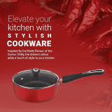 ‎Preethi | Dura Collection Non Stick Milk Pan | 16 cm | Glass Lid | Gas | Induction Compatible | Non Stick Effect | 5 star | Chilly Red