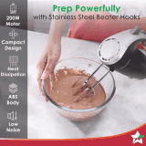 Wonderchef Onyx Electric Hand Mixer | 300W | 5 Speed |  Stainless Steel Whisk Beaters and Dough Hooks | Black & Steel