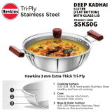 Hawkins Triply Stainless Steel Kadai with Glass Lid | 5 L | SSK50G
