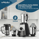 Bajaj Military Series Evoque Juicer Mixer Grinder | 1000 W | 4 Jars | Jet Black | 410630