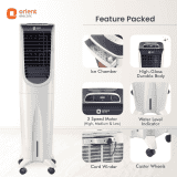 Orient Ultimo Tower Air Cooler with Remote | Honeycomb Pads |  55L | White | CT5502HR