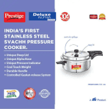 Prestige Deluxe Alpha Svachh Stainless Steel Deep Pan Pressure Cooker | 5 L | Unique Deep Lid which Controls Spillage | Silver | 20255