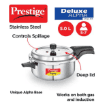 Prestige Deluxe Alpha Svachh Stainless Steel Deep Pan Pressure Cooker | 5 L | Unique Deep Lid which Controls Spillage | Silver | 20255