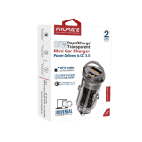 Promate Compact Car Adapter | Transdrive 65W | USB Type-C Power Delivery Port | USB-A Port | Black