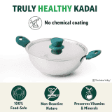 Indus Valley Stainless Steel Capsule Bottom Kadai with Green Bekelite and Handle | 26 cm | Silver