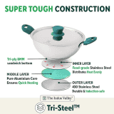 Indus Valley Stainless Steel Capsule Bottom Kadai with Green Bekelite and Handle | 26 cm | Silver