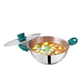 The Indus Valley Stainless Steel Capsule Bottom Kadai with Green Bekelite Handle | 22 cm