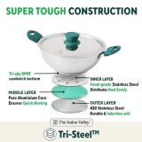 The Indus Valley Stainless Steel Capsule Bottom Kadai with Green Bekelite Handle | 22 cm