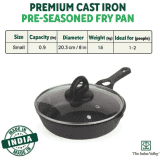 The Indus Valley Pre-Seasoned Cast Iron Fry Pan | Skillet with Glass Lid | 8 inch
