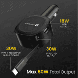 Portronics Car Power Flexo | 60W | 18W USB Type A | 30W Type C | 30W Retractable Type C Cable | POR 1877