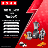 USHA TurboX Mixer Grinder | 1200W | Faster and finer grinding | 4 Jars | Black