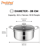 Prabha Triply Hexa Cube Casserole | Glass Lid | 8.5 L | 28 cm | Silver