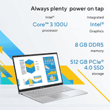 ASUS Vivobook 15 Thin and Light Laptop | Intel Core 3 | 8 GB | 512 GB | Windows 11 Home | Cool Silver | X1504VAP-IN005WS