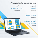 ASUS Vivobook 15 Laptop | Intel Core 5 120U | 16GB | 512GB | Quiet Blue | X1504VAP-IN009WS