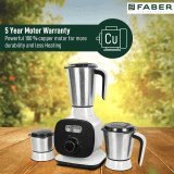 Faber 800W Mixer Grinder with 3 Stainless Steel Jar FMG Candy 800 3J BW | White