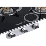 Nestron Nuclea 3 Burner | High Powered Brass Burner Gas Stove | Cooktop with Glass Top and Stainless Steel Body