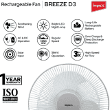 IMPEX Rechargeable Table Fan | BREEZE D3 with LED Light | 305 mm Silent Operation |  3 Blade Table Fan | White