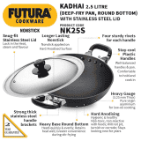 Hawkins Futura Nonstick Kadhai | 2.5 L | 26 cm | SS lid | Black