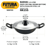 Hawkins Futura Nonstick Kadhai | 2.5 L | 26 cm | SS lid | Black