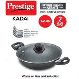 Prestige Omega Deluxe Non-Stick Kadhai | 2.4 litres | Black | Induction Base | Non-Stick Granite Finish | Scratch Resistant | Dishwasher Safe | Metal Spoon Friendly