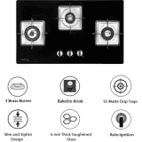 Hindware ROSIA 3B 76 cm | Brass Burners | Auto Ignition | Bakelite Knobs | Built in Glass Automatic Hob