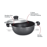 Prestige Omega Select Plus Aluminium Non-Stick Flat Base Kadhai with Lid | 27 cm | Black