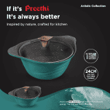 Preethi Artistic Collection Die Cast Non Stick Kadai  | 24 cm | Glass Lid | 5 Star Non Stick Effect | Cook & Serve | Green