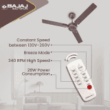 BAJAJ ENERGON PRIME Silent BLDC Ceiling Fan with remote | 5 Star |1200 mm | 3 Blade | DARK WALNUT