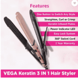 VEGA Keratin 3 in 1 Styler Curler and Crimper VHSCC-03 Hair Straightener | Pink