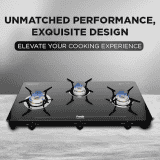 Preethi Luxe Pro Glass Top Gas Stove | Driptray Less Infinity Design Jumbo Burner | 3 Burner | Black