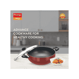 Prestige omega deluxe aluminium non stick round base deep kadai | Glass lid | 28 cm | Red