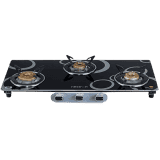 Nestron Nuclea 3 Burner | High Powered Brass Burner Gas Stove | Cooktop with Glass Top and Stainless Steel Body