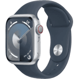 Apple Watch Series 9  | M/L |  41mm |  GPS | Cellular | Silver Aluminium Case with Storm Blue Sport Band | MRHW3HN/A