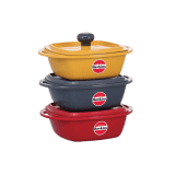 Hawkins Kitchen Gift Pack | 2.25 litre | 3 Pieces Set of Die Cast Square Mini Casseroles for Cooking | Red Yellow Grey | 23DGP