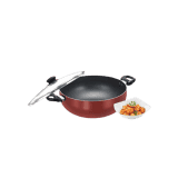 Prestige omega deluxe aluminium non stick round base deep kadai | Glass lid | 28 cm | Red