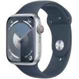 Apple Watch Series 9 | GPS + Cellular 45mm Silver Case & Storm Blue Sport Band | Silver Strap