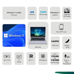 Acer One 14 Laptop | AMD Ryzen 3 | 3250U Processor | 8GB | 256 GB | AMD Radeon Graphics | Silver | UN.31USI.00A