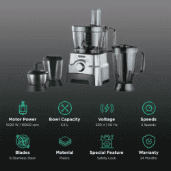USHA Food Processor | 1000 Watt | FP 3811 | Black & Silver