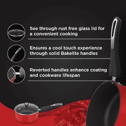 ‎Preethi | Dura Collection Non Stick Milk Pan | 16 cm | Glass Lid | Gas | Induction Compatible | Non Stick Effect | 5 star | Chilly Red