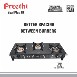 Preethi Zeal Plus Glass Manual Gas Stove | 3 Burners | Black | GTS409