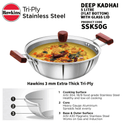 Hawkins Triply Stainless Steel Kadai with Glass Lid | 5 L | SSK50G