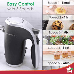 Wonderchef Onyx Electric Hand Mixer | 300W | 5 Speed |  Stainless Steel Whisk Beaters and Dough Hooks | Black & Steel