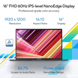 Asus Vivobook 16 Thin and Light Laptop | Intel Core i7 12700H 12th Gen | 16GB | 512GB SSD | Indie Black | X1605ZAC-MB742WS