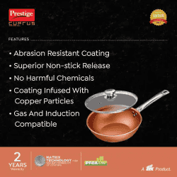 Prestige Cuprus Aluminium Non Stick Kadai  | 24 cm | 2.5 L | Glass Lid | 37479