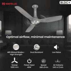 Havells Inox UL BLDC Ceiling Fan | 1200 mm | 5 Star | Metallic Grey