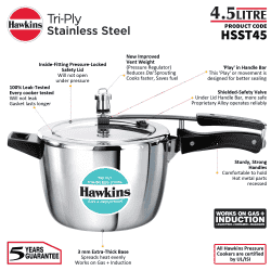 Hawkins Triply Stainless Steel Pressure Cooker | Inner Lid | 4.5 L | Silver