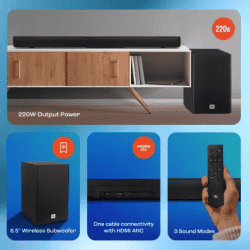 JBL Cinema SB180 Bluetooth Soundbar | 220 W | Wireless Subwoofer | Extra Deep Bass with Remote | Black | JBLSB180BLKIN
