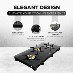 Preethi Luxe pro Gas Stove | 3 Burner | Stainless Steel | Black