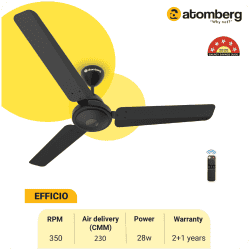 Atomberg Efficio Ceiling Fan | 1200 mm | 5 Star | BLDC Ceiling Fan with Remote Control | 3 Blade | Midnight Black