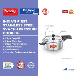Prestige Deluxe Alpha Svachh Stainless Steel Deep Pan Pressure Cooker | 5 L | Unique Deep Lid which Controls Spillage | Silver | 20255